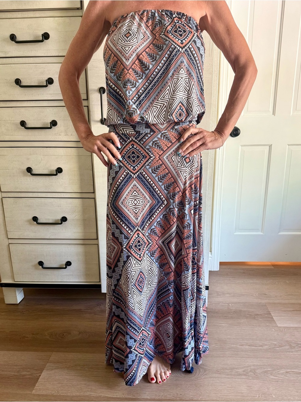 Veronica M Strapless Geometric Print Maxi Dress in Pink and Navy